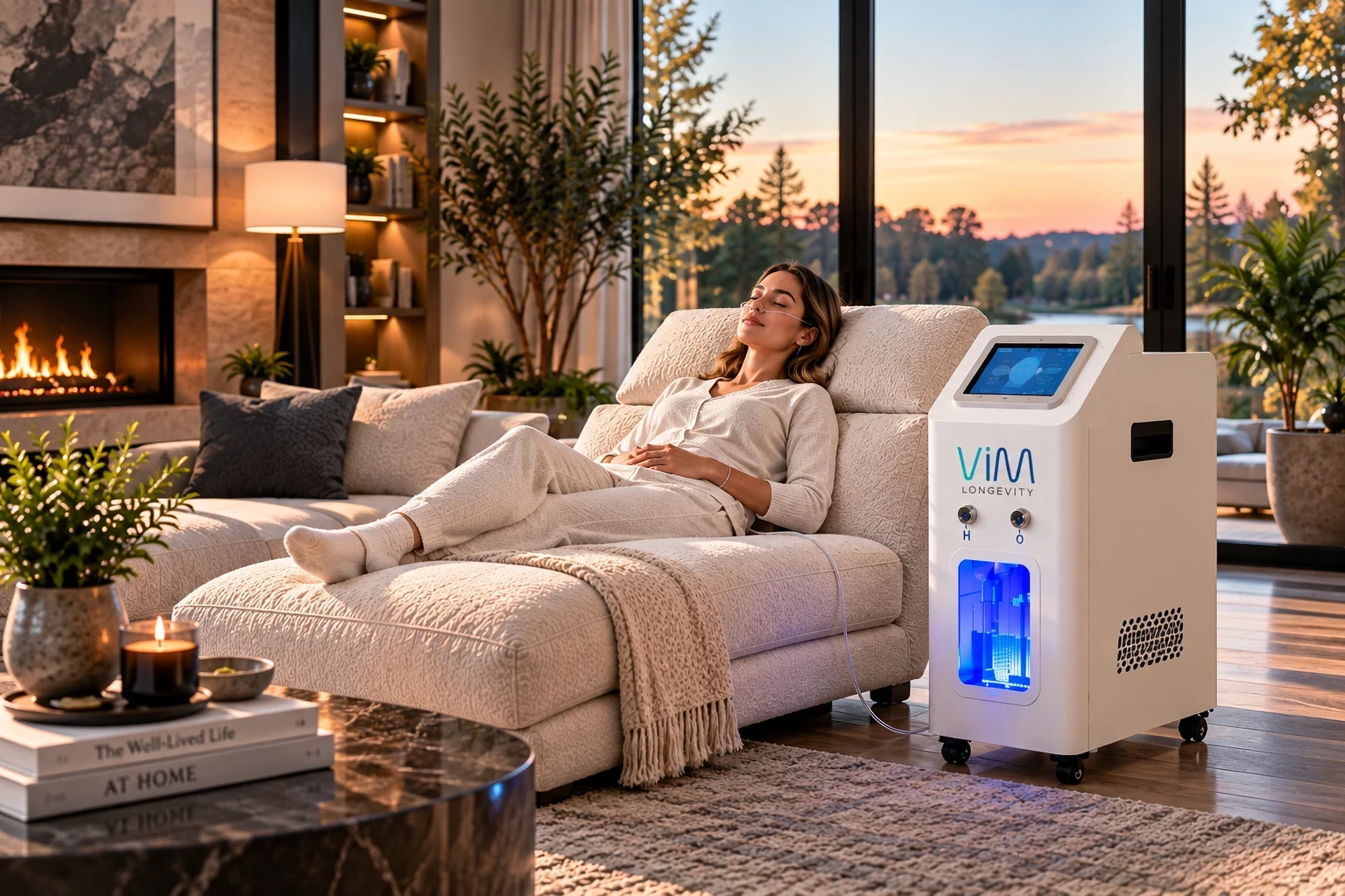 Hydrogen therapy at home: a woman relaxes on a chaise in her living room, breathing through a nasal cannula connected to the VIM H2 Station.