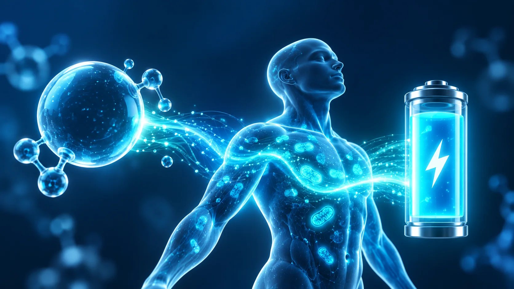 Hydrogen therapy illustrated: molecular hydrogen flows into the body, with the mitochondria inside cells pictured as batteries of cellular energy.