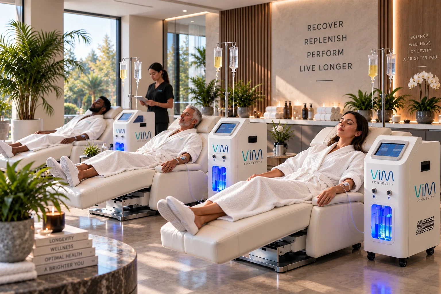 Hydrogen therapy in a wellness clinic: three clients in white robes recline in treatment chairs, each breathing through a nasal cannula beside a VIM H2 Station, while a staff member checks on them.