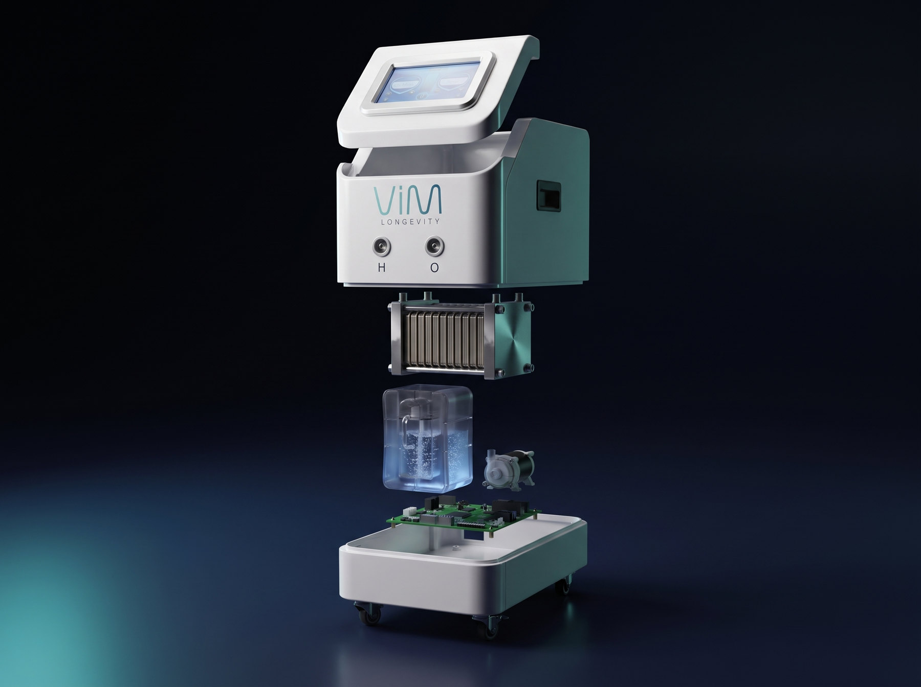 The VIM H2 Station taken apart: touch screen, cabinet, PEM cell stack, water reservoir, pump and separator, control board, base and castors.