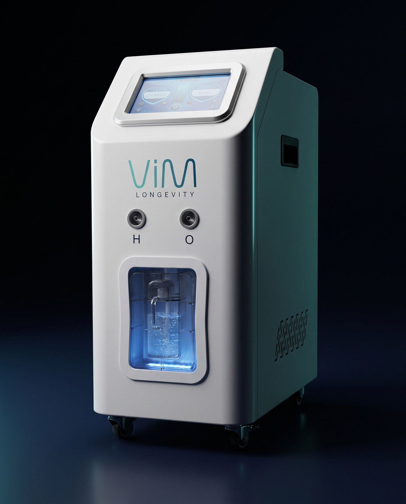The VIM H2 Station hydrogen inhalation system on a dark studio floor.