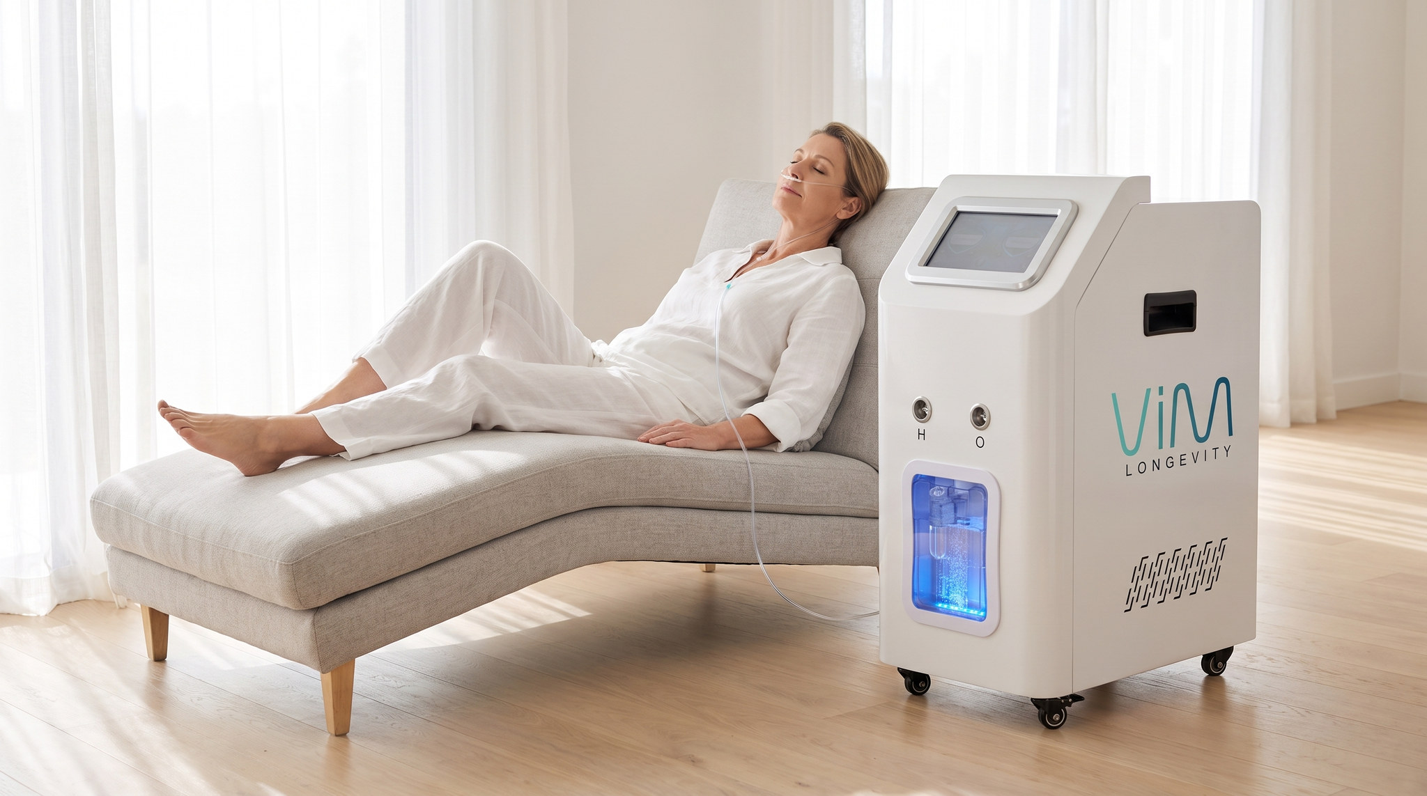 A woman rests on a lounger in a bright recovery room with the VIM H2 Station beside her.