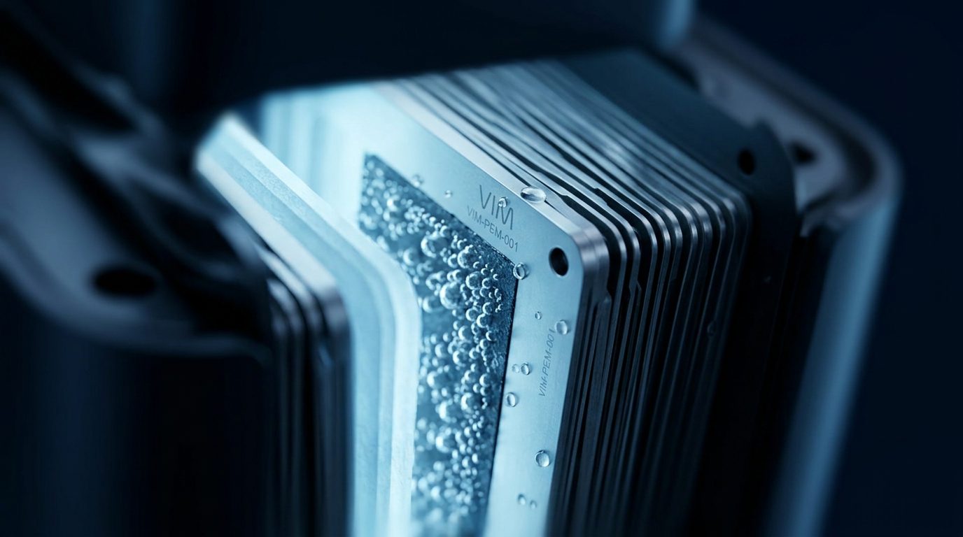 Macro of a PEM electrolysis cell stack with hydrogen microbubbles forming.
